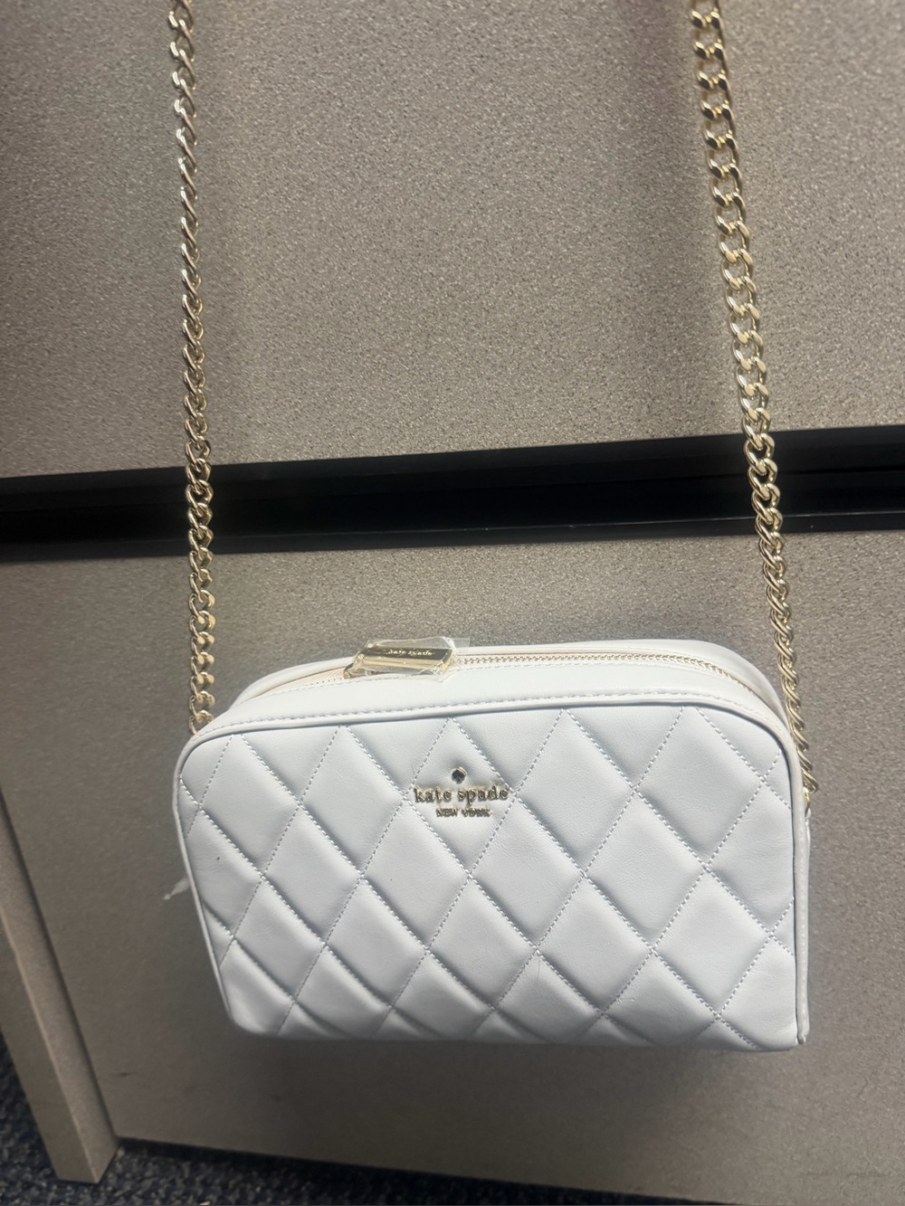 Kate Spade Camera Bag-  Quilted Grey Crossbody Bag with Gold Chain